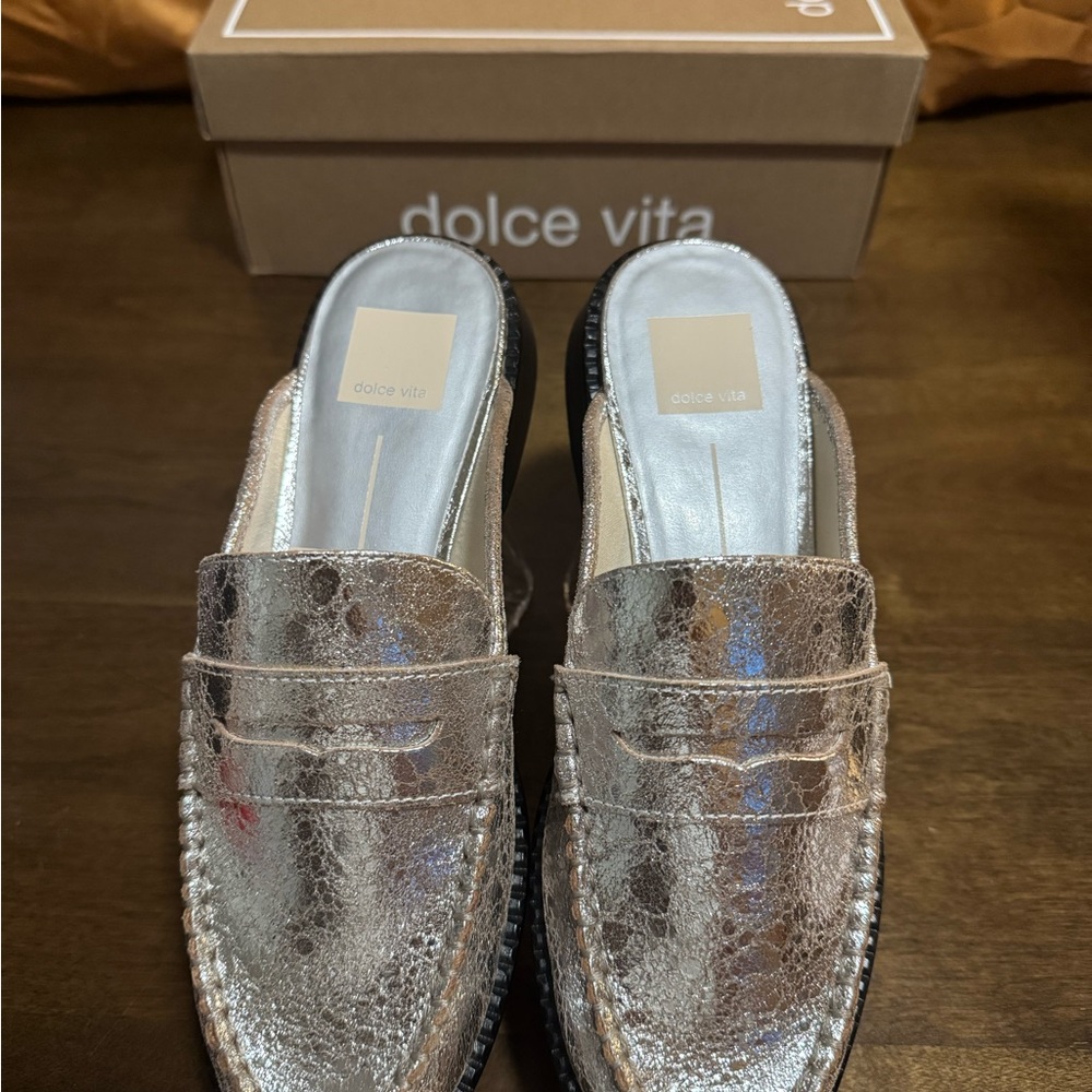 Dolce Vita Silver Mules/ Slides Leather Bottoms.
